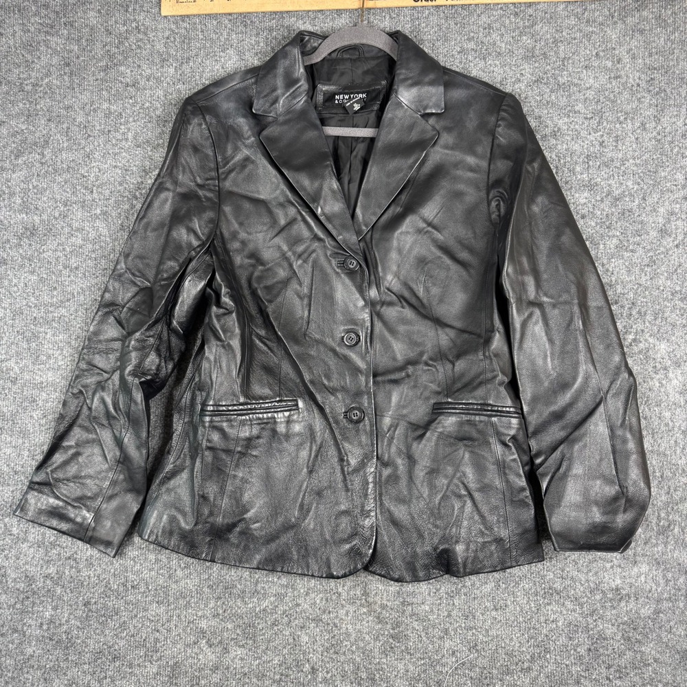 New York & Company Blazer Womens Size XL Black Leather 3-Button Tailored Jacket